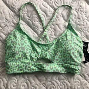 Neon Green & Leopard Print Crisscross Back Bikini Top